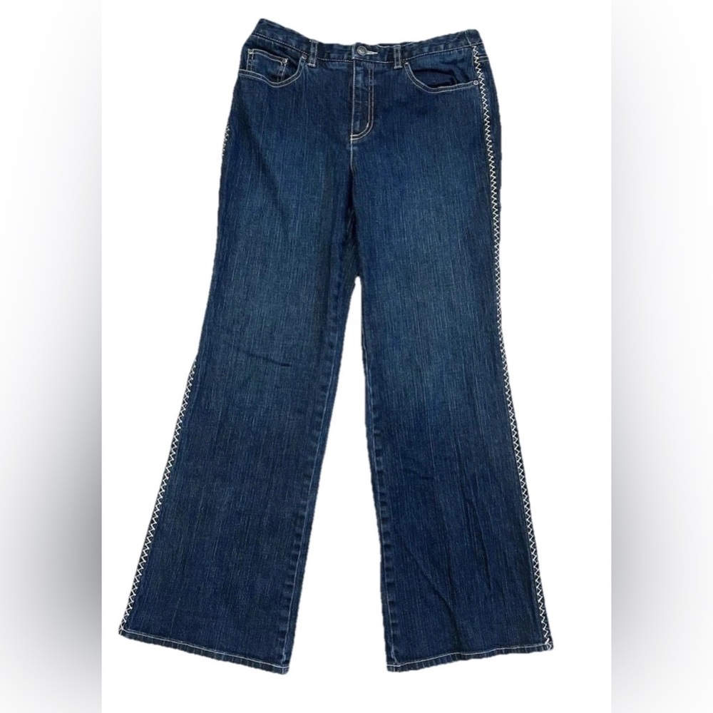 Talbots dark wash jeans, bootcut with tan stitching down side.